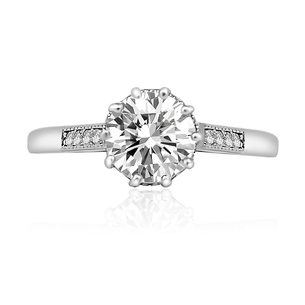 10 Prong Round Cut Ring with Single Row Pave Accents